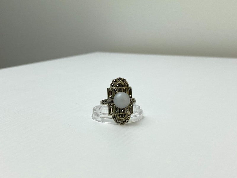 Vintage 925 Sterling Silver Agate, Goshenite & Marcasites Ring Size 5.5