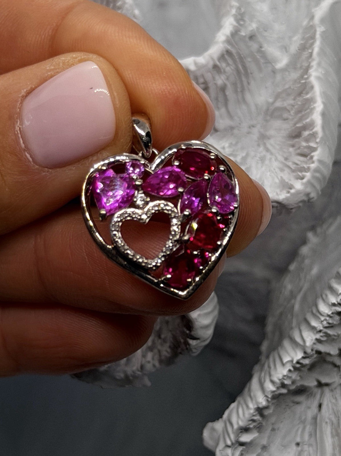 JWBR 925 Sterling Silver Pink Red White Topaz Stone Heart Pendant