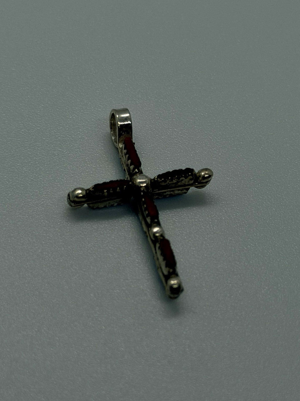 Vintage 925 Sterling Silver Reversible Turquoise & Red Coral Inlay Cross Pendant
