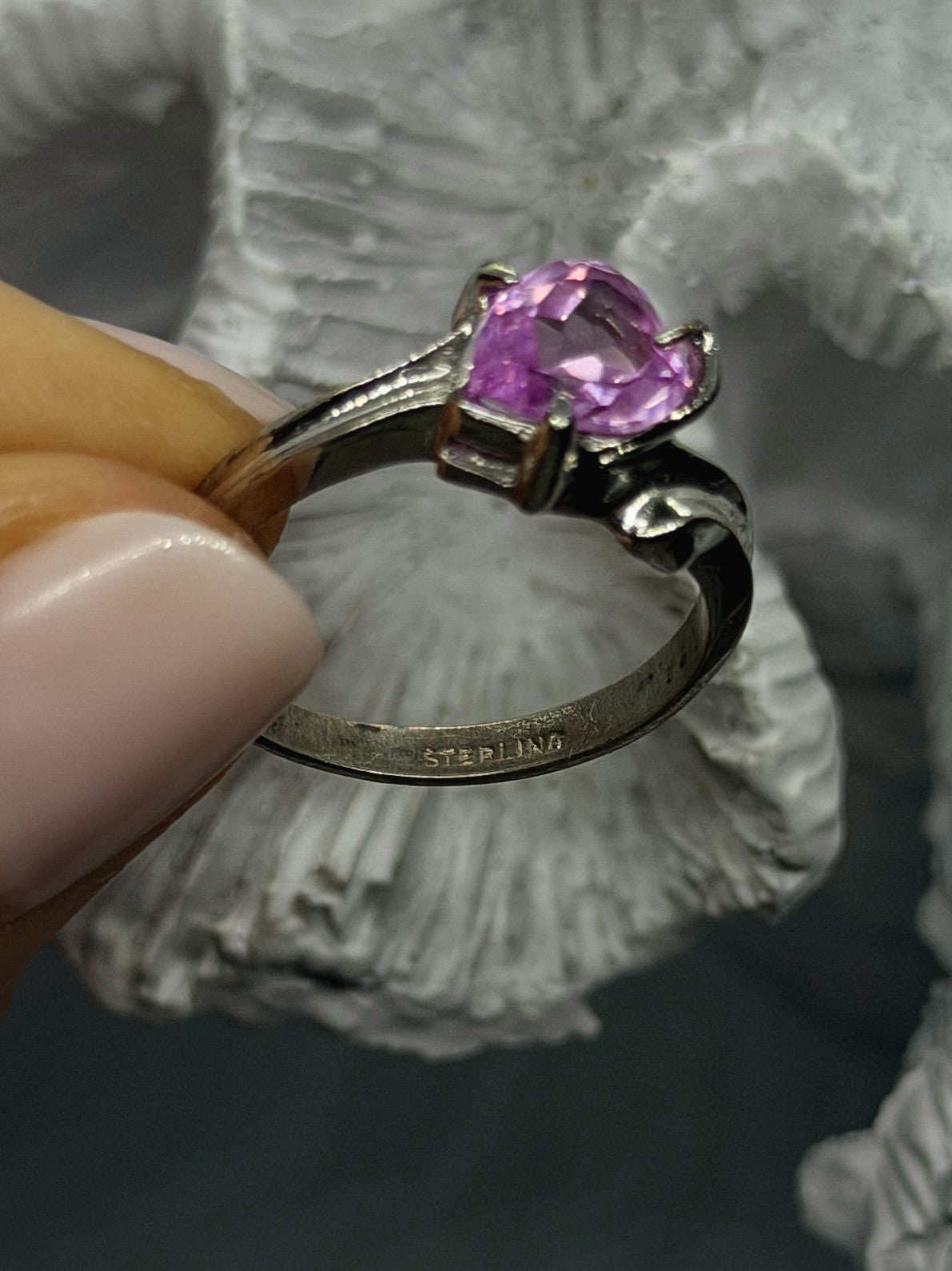 925 Sterling Silver Heart Shaped Pink Sapphire Ring Size 8