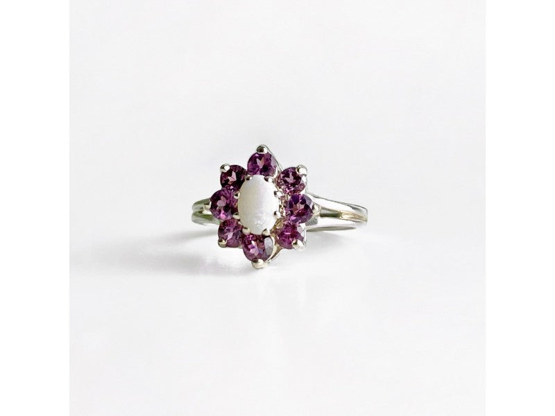 925 Sterling Silver Opal & Pink Spinel "Flower" Ring Size 7