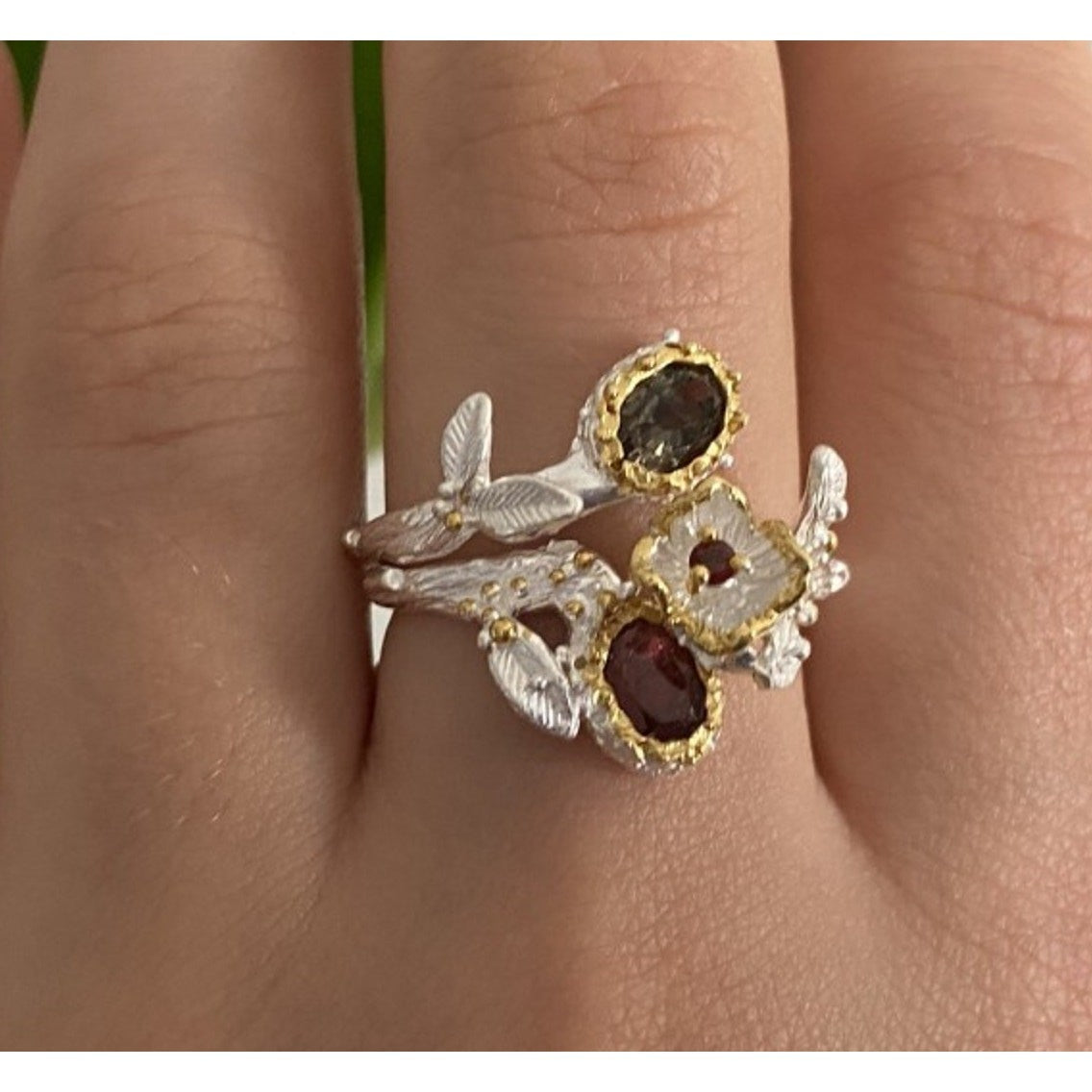 925 Sterling Silver Gold Plated Garnet & Alexandrite Ring Size 8.5