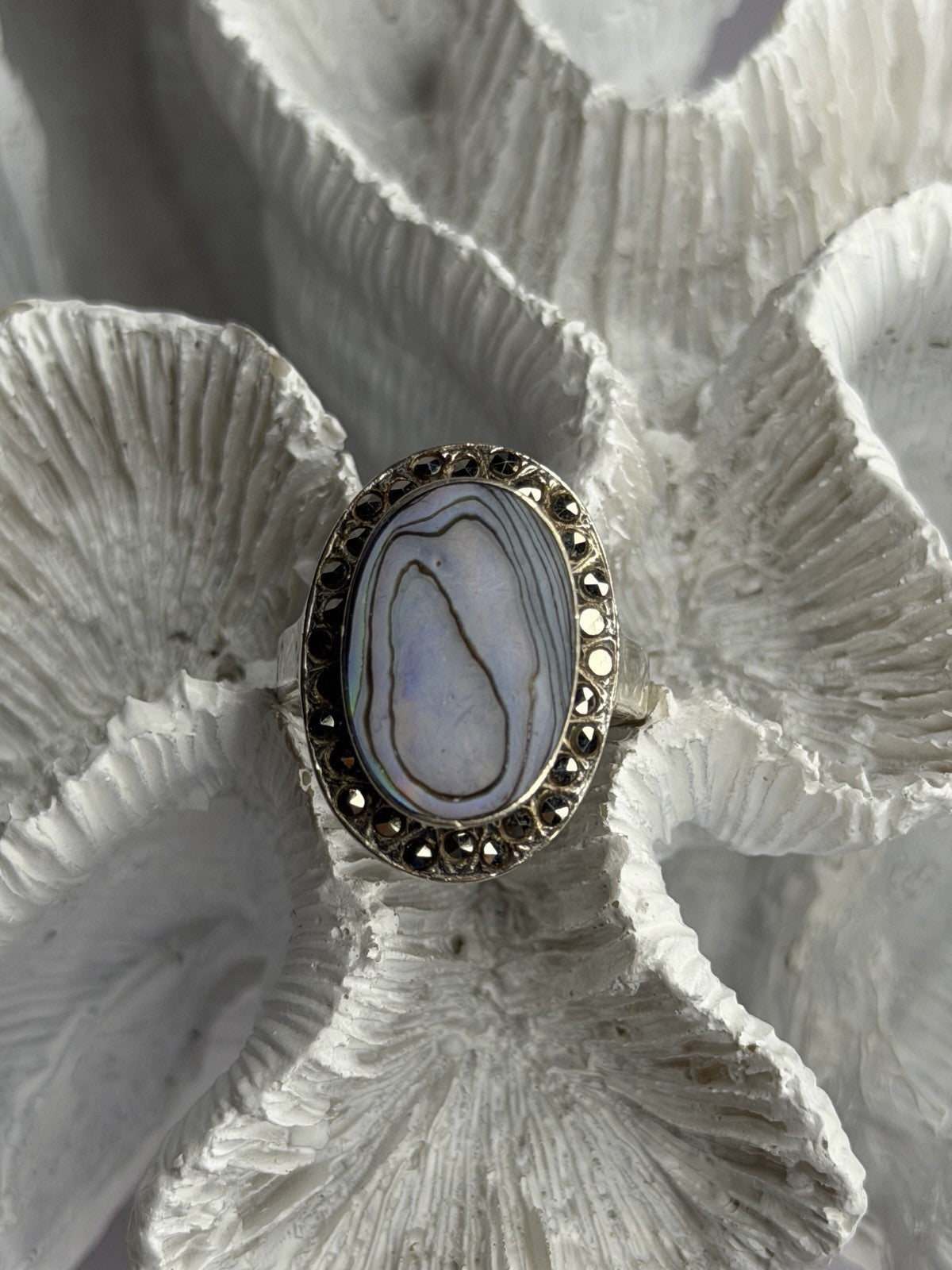925 Sterling Silver Abalone & Marcasite Ring Size 9