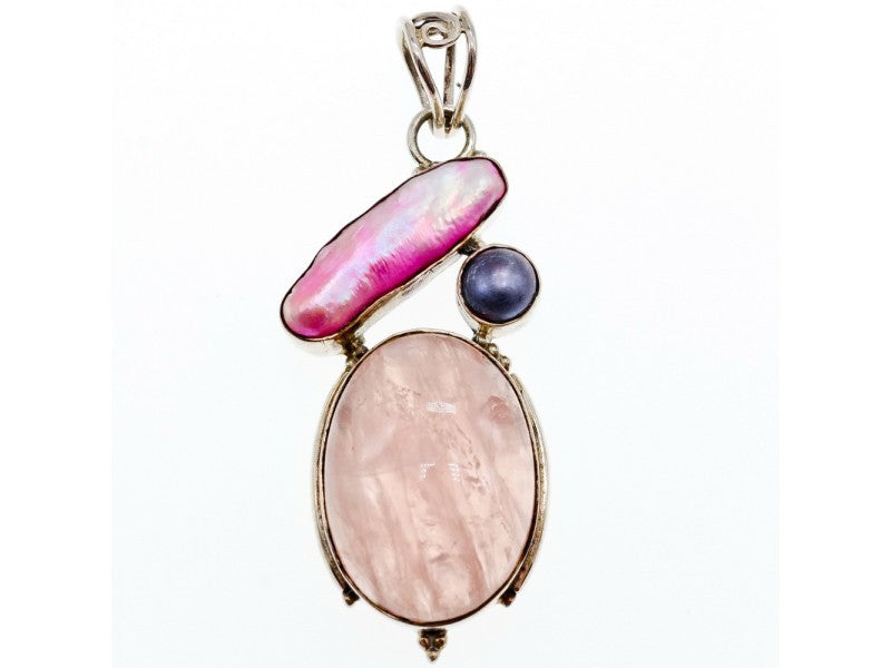 925 Sterling Silver Morganite, Haliotis & Pearl Pendant