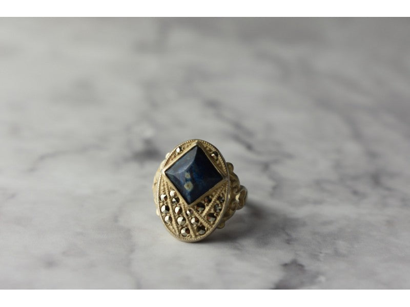 925 Sterling Silver Sodalite & Marcasites Ring Size 6