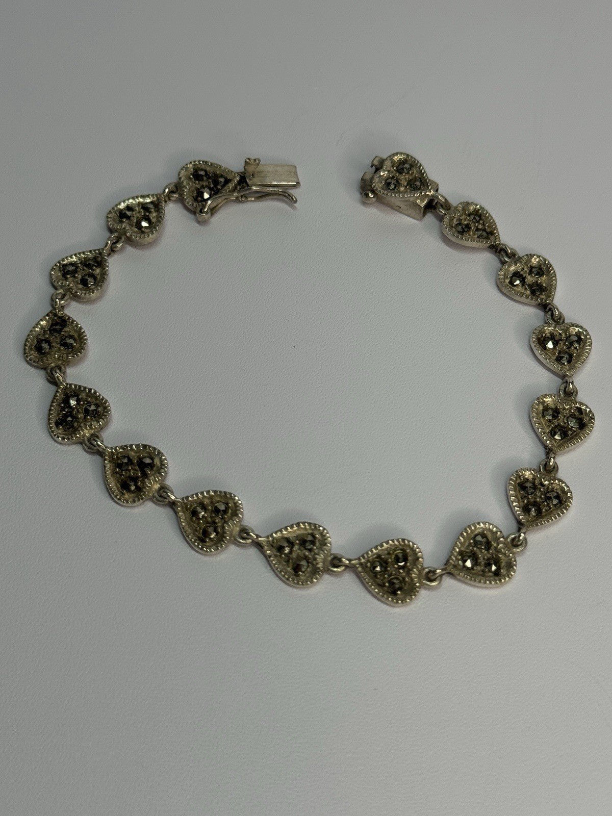 Vintage 925 Sterling Silver Marcasite Heart Bracelet Length 7 Inch