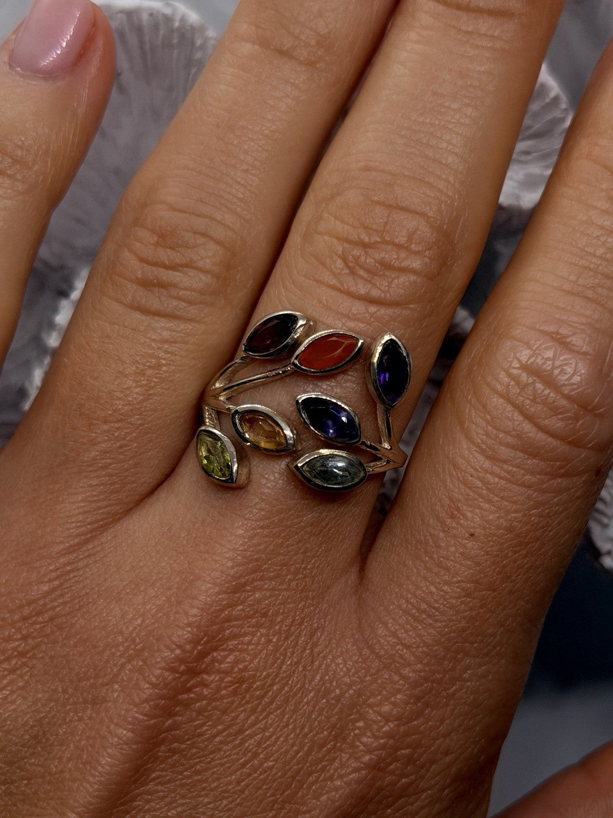 Adjustable 925 Sterling Silver Multi Color Ring Floral Design