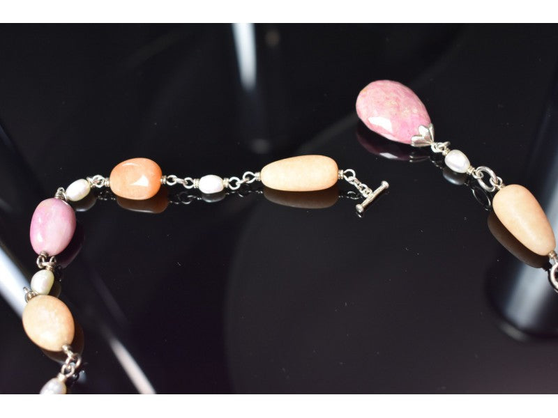 925 Sterling Silver Rose Quartz, Yellow Agate and Orange Carnelian Necklace