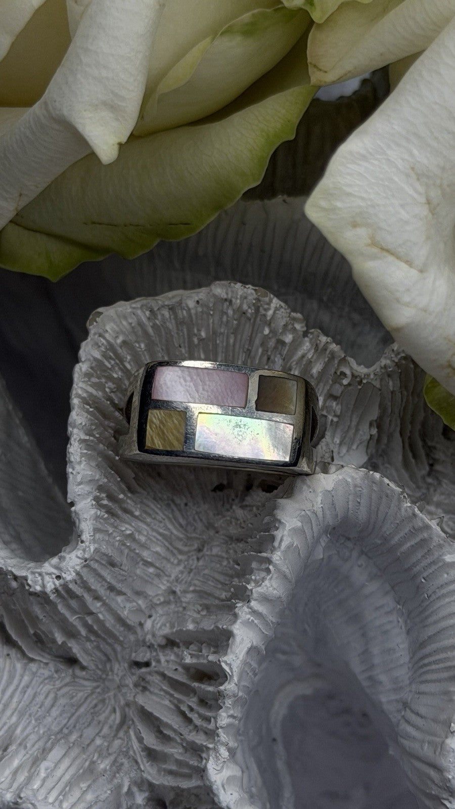 Vintage Modernist 925 Sterling Silver Ring Abalone Stone Mosaic Size 6.5