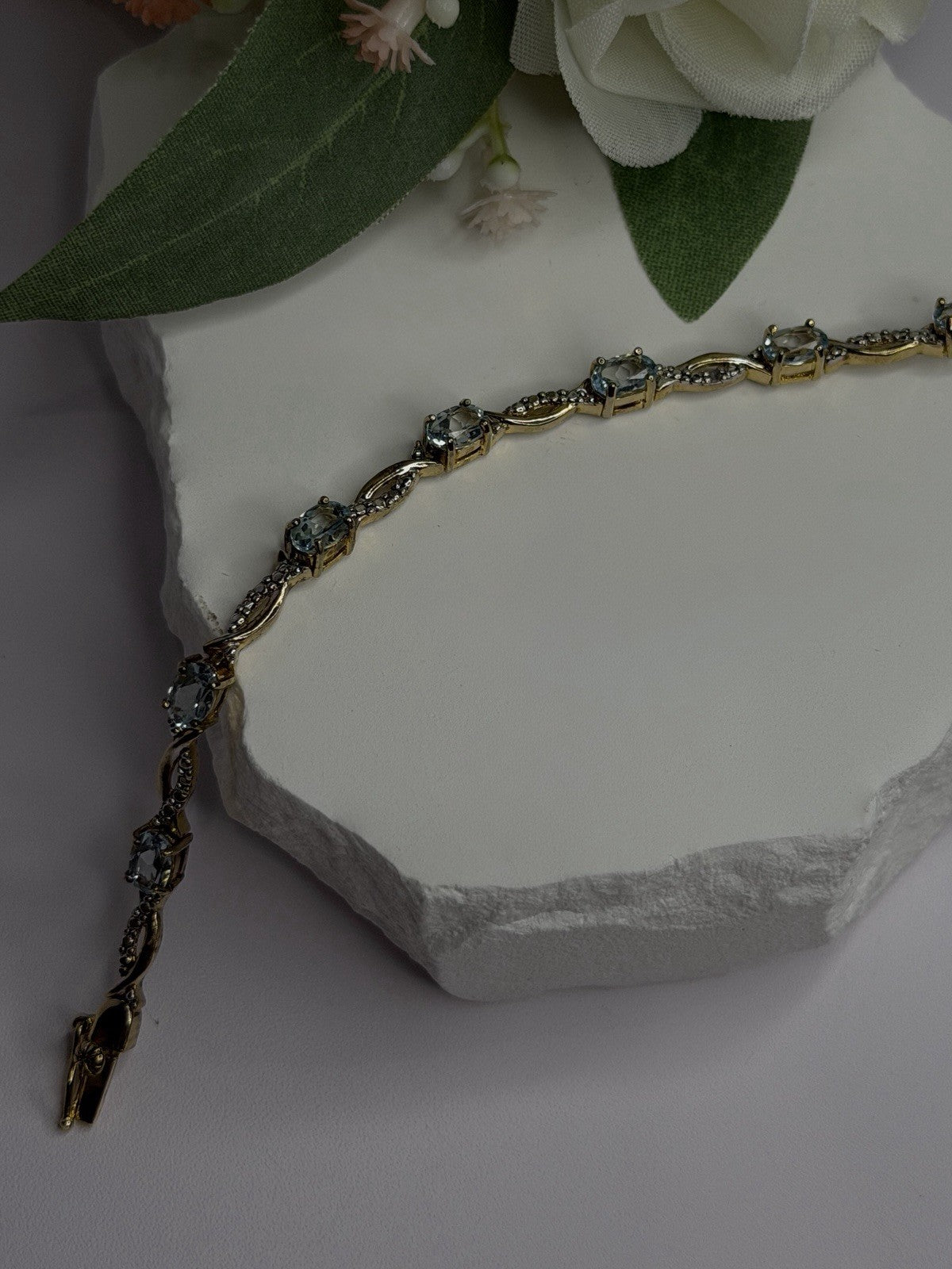 925 Sterling Silver Gold Plated Blue Topaz Bracelet Size 7.5
