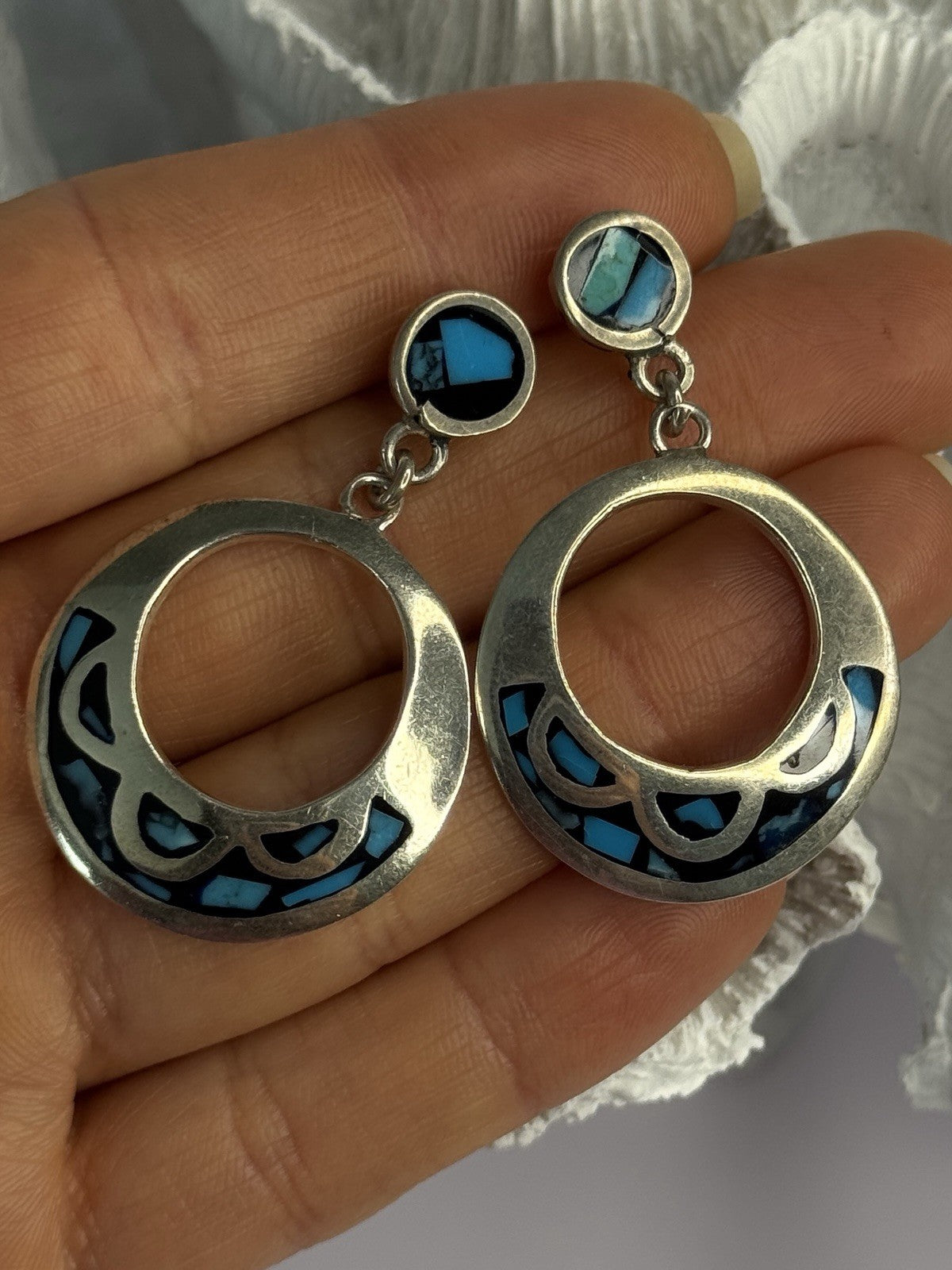 Vintage 925 Sterling Silver Turquoise Earrings Length 1.80 Inch