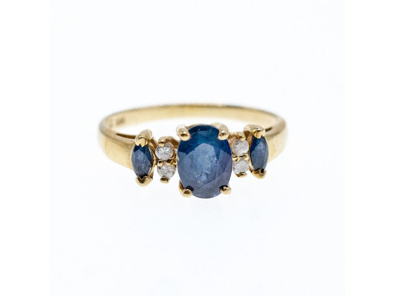 14K Yellow Gold Sapphire & Diamonds Ring Size 7