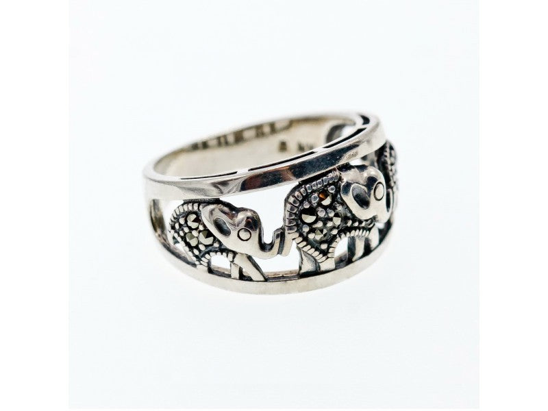 925 Sterling Silver Marcasites "Elephants" Ring Size 9.5