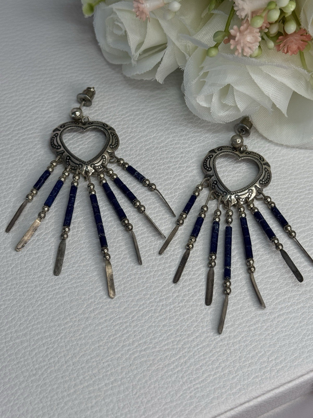 Vintage Native American 925 Sterling Silver Lapis Earrings Length 2.50 Inch