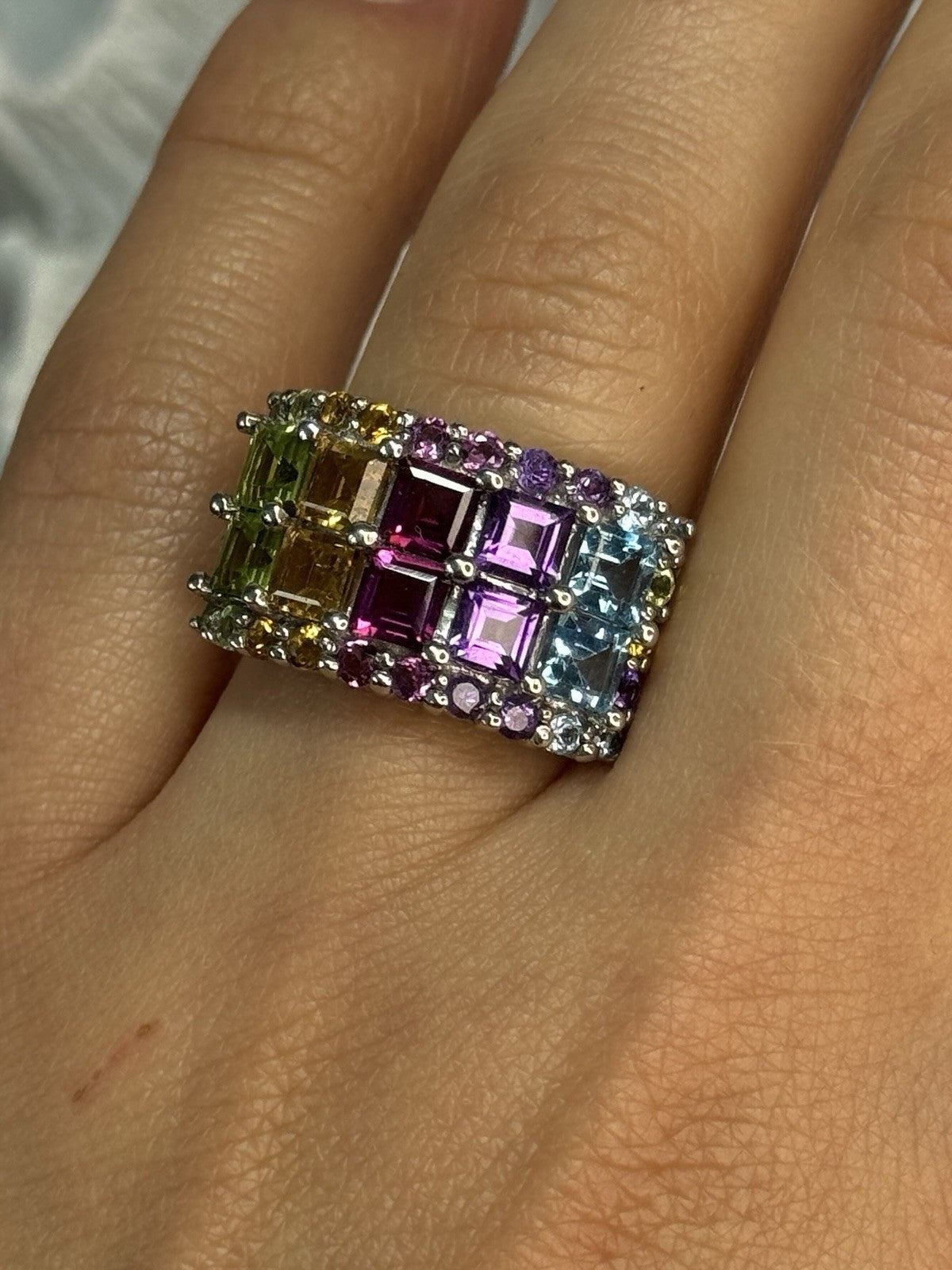 925 Sterling Silver Multicolor Stones Ring Size 7