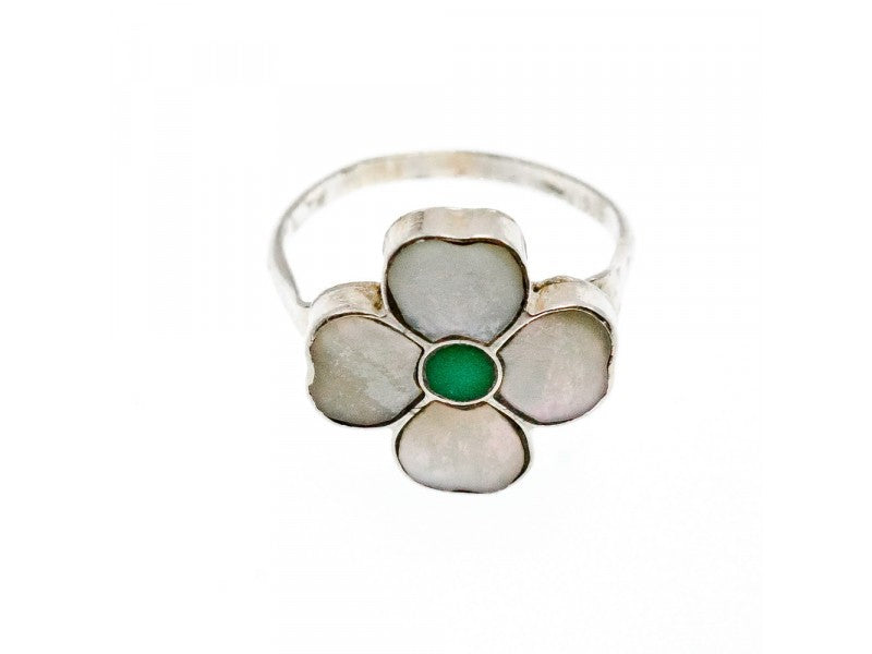 925 Sterling Silver Mother OF Pearl & Green Nephrite "Flower" Ring Size 6.5