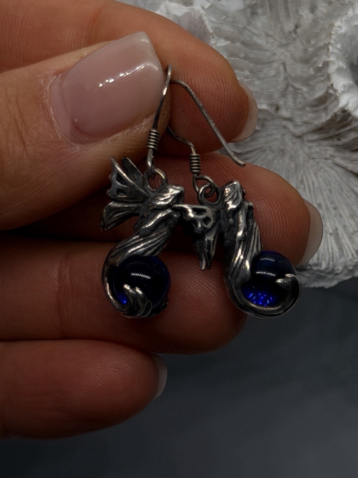 Vintage 925 Sterling Silver Fairy Blue Glass Orb Dangle Earrings Art Nouveau