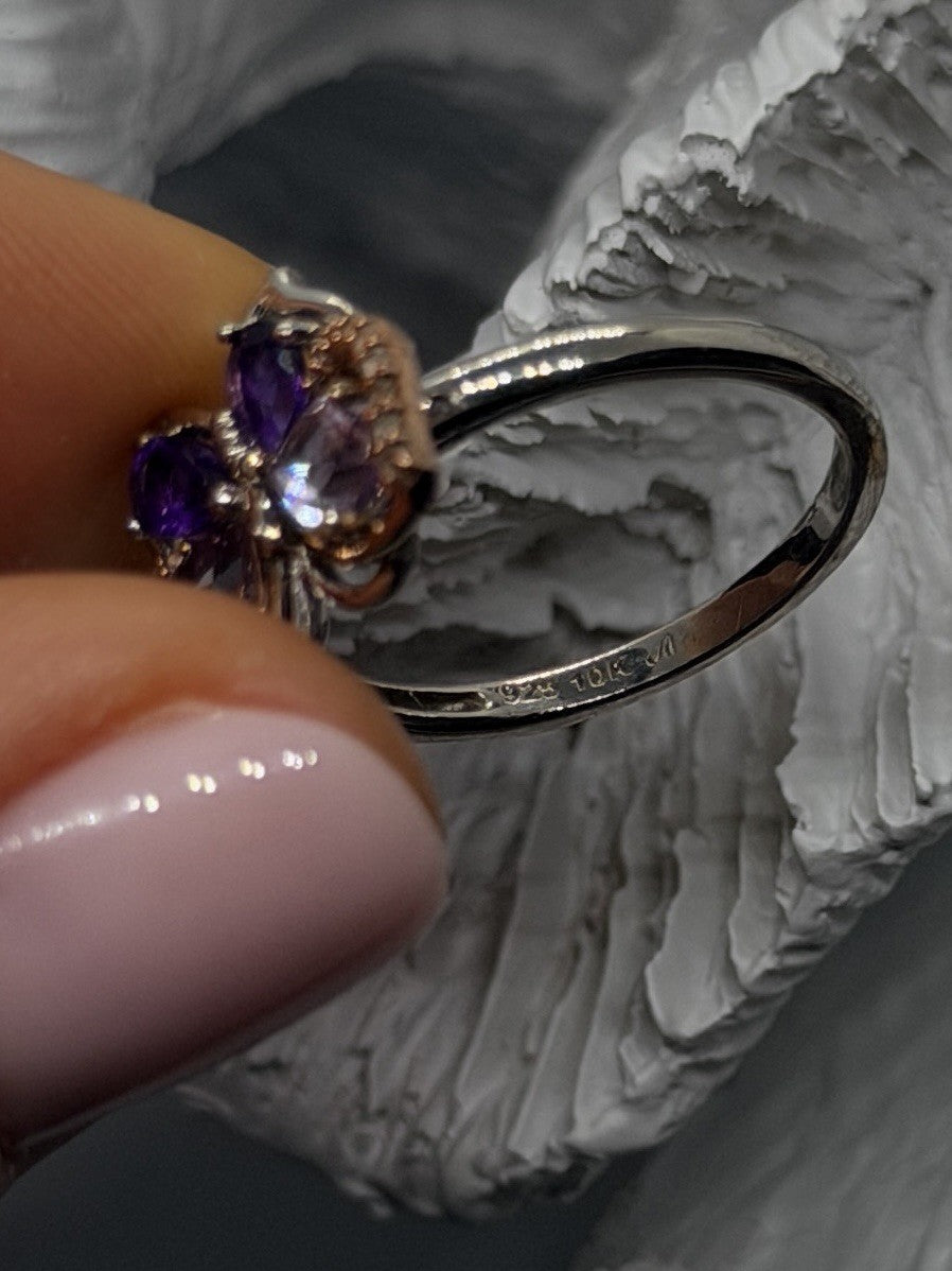 Butterfly 925 Sterling Silver 10K Rose Gold Amethyst  Iolite  Beryl Ring Size 7