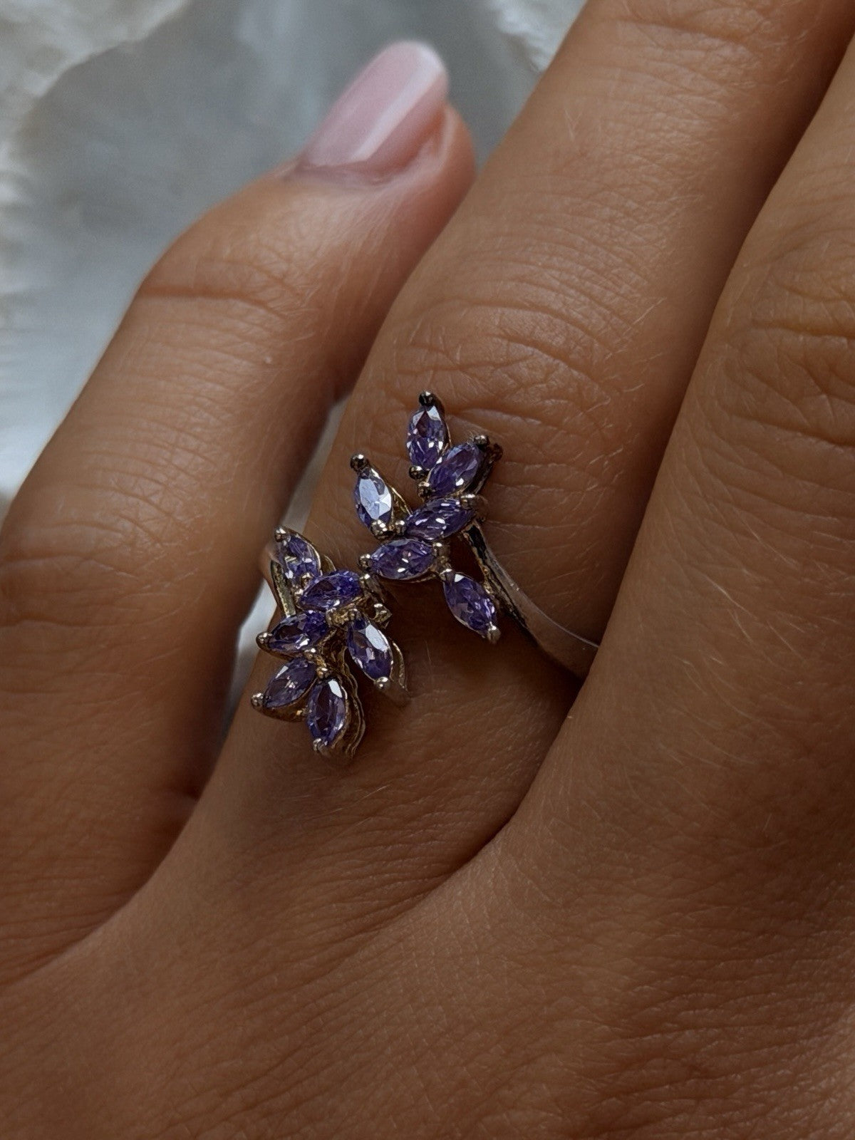 925 Sterling Silver Purple Amethyst Flower Ring Adjustable