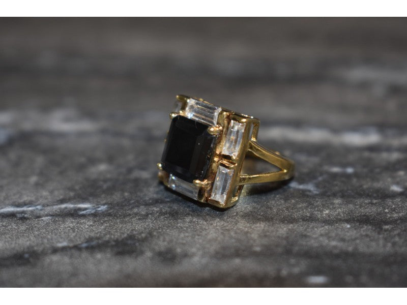 925 Sterling Silver Gold Plated Jewelry Glass & CZ Ring Size 6.5