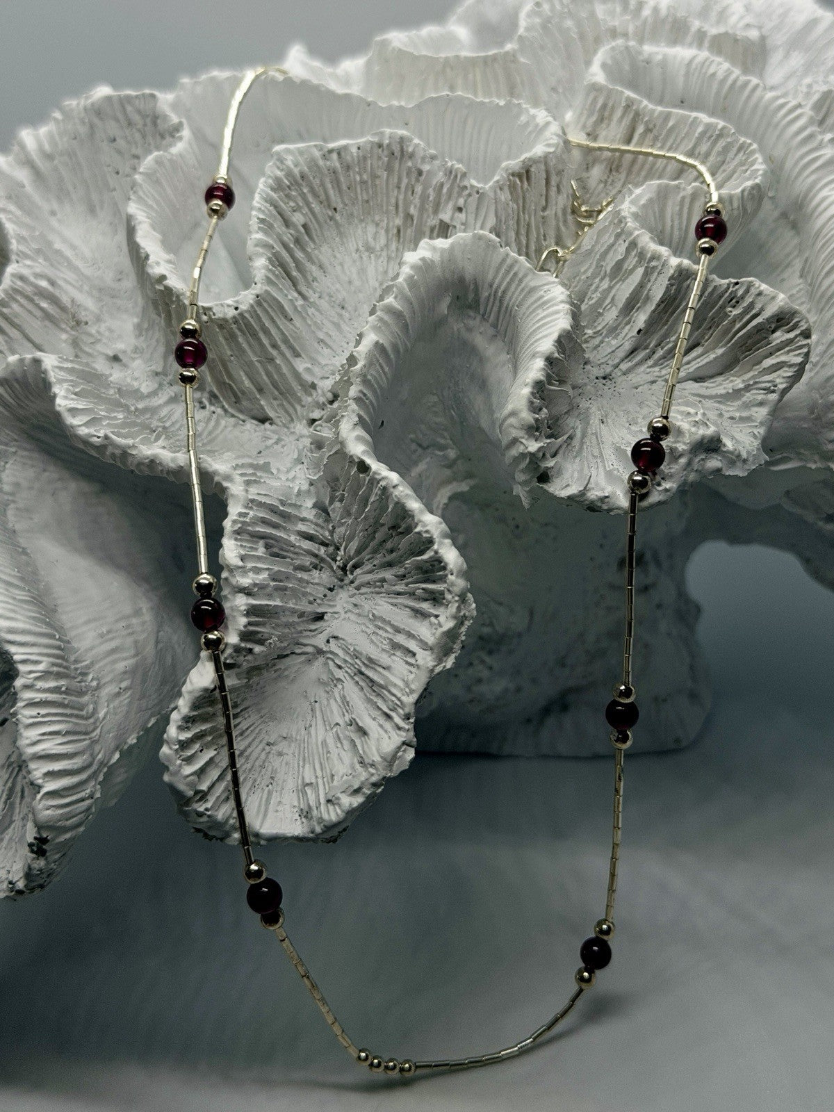 925 Sterling Silver Deep Red Garnet Beaded Necklace Adjustable