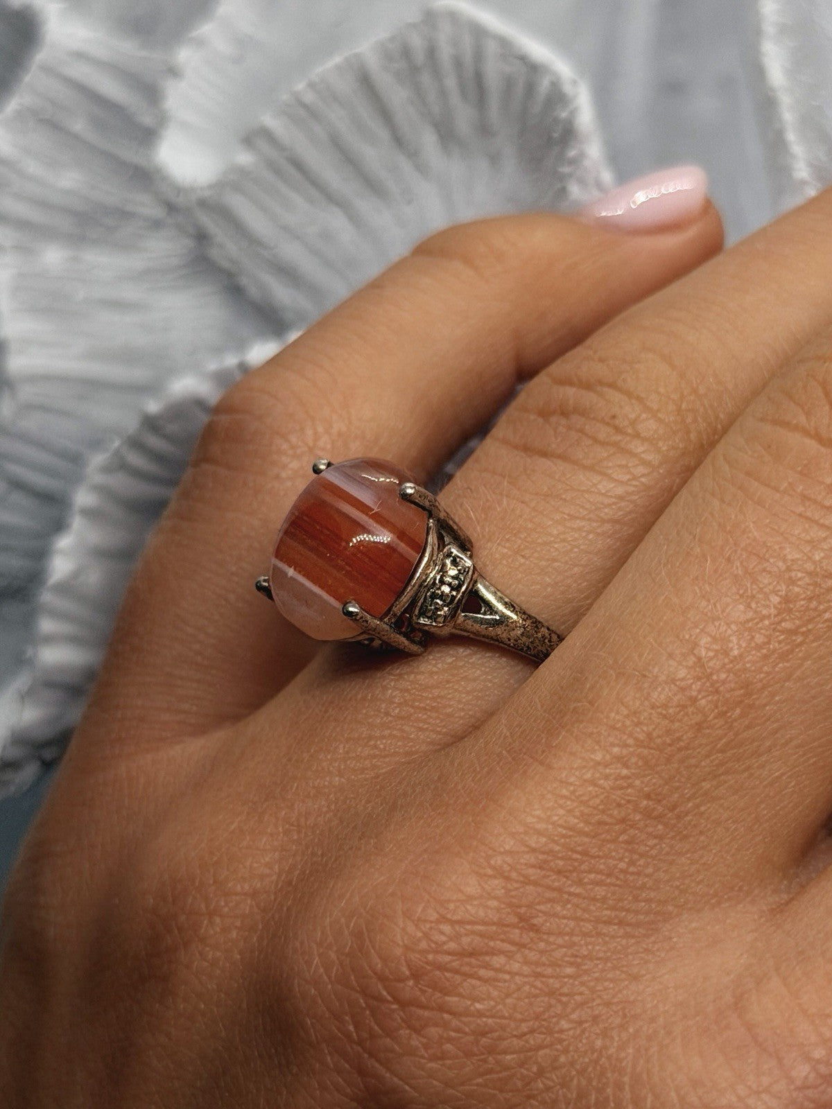 925 Sterling Silver Carnelian & Marcasites Ring Size 7
