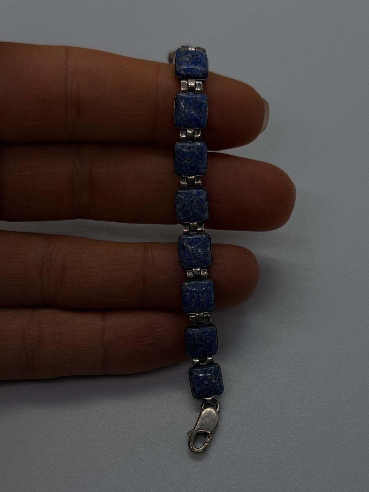 Geometric Southwestern 925 Sterling Silver Lapis Lazuli Square Link Bracelet 7.5