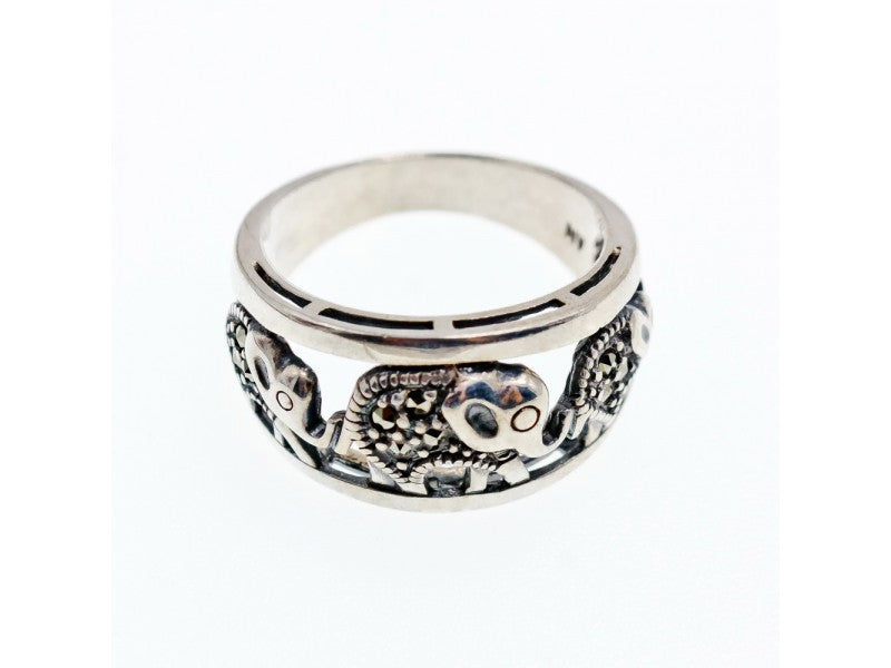 925 Sterling Silver Marcasites "Elephants" Ring Size 9.5