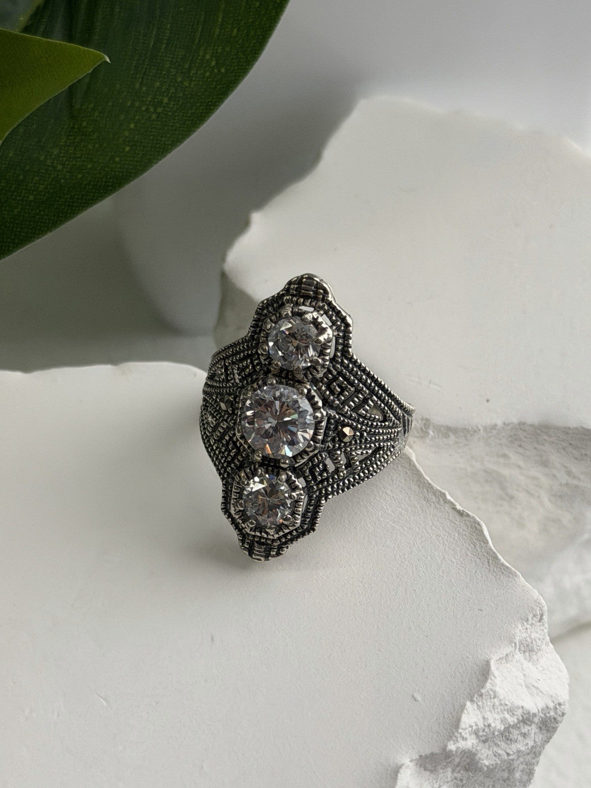 Vintage 925 Sterling Silver Cz & Marcasite Ring Size 6