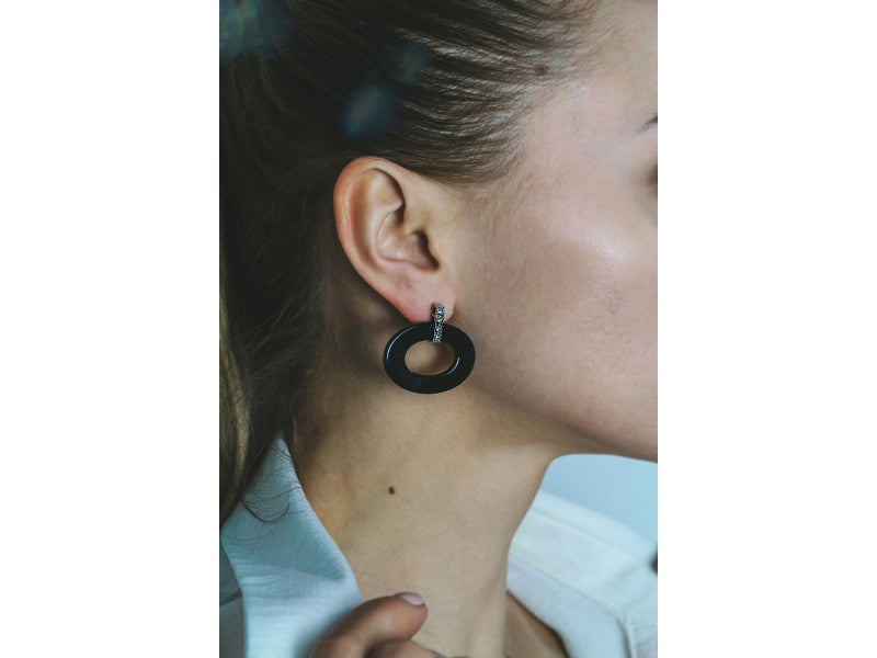 925 Sterling Silver Black Jewelry Glass & CZ Earrings