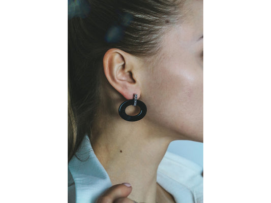 925 Sterling Silver Black Jewelry Glass & CZ Earrings