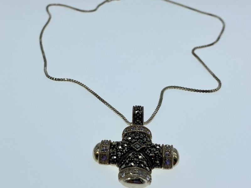 925 Sterling Silver CZ & Marcasites Chain With Cross