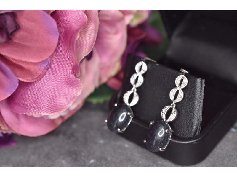 925 Sterling Silver Black Tourmaline & Clear Quartz Inlays Stud Earrings