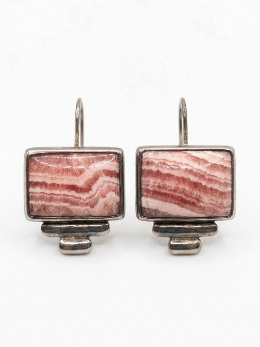 Southwestern Design 925 Sterling Silver Rhodochrosite Geometric Drop Earrings