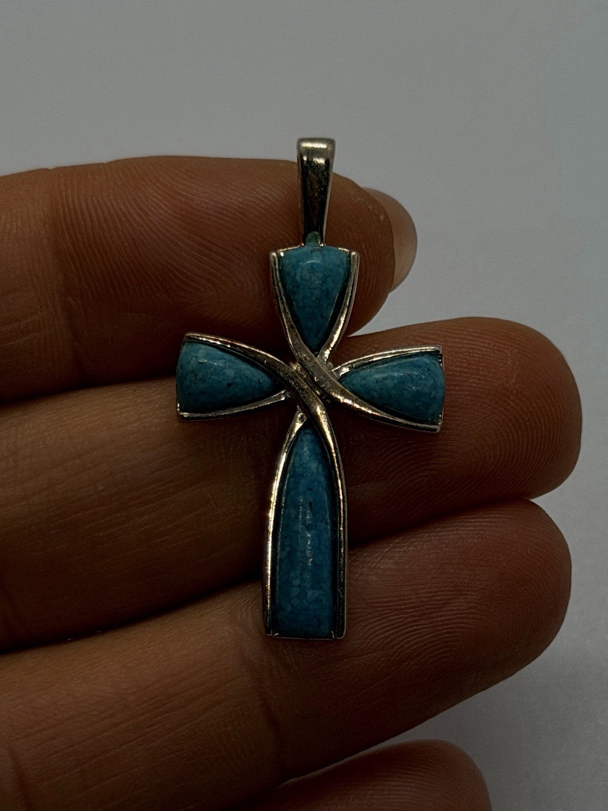 Southwestern Style 925 Sterling Silver Turquoise Inlay Cross Pendant