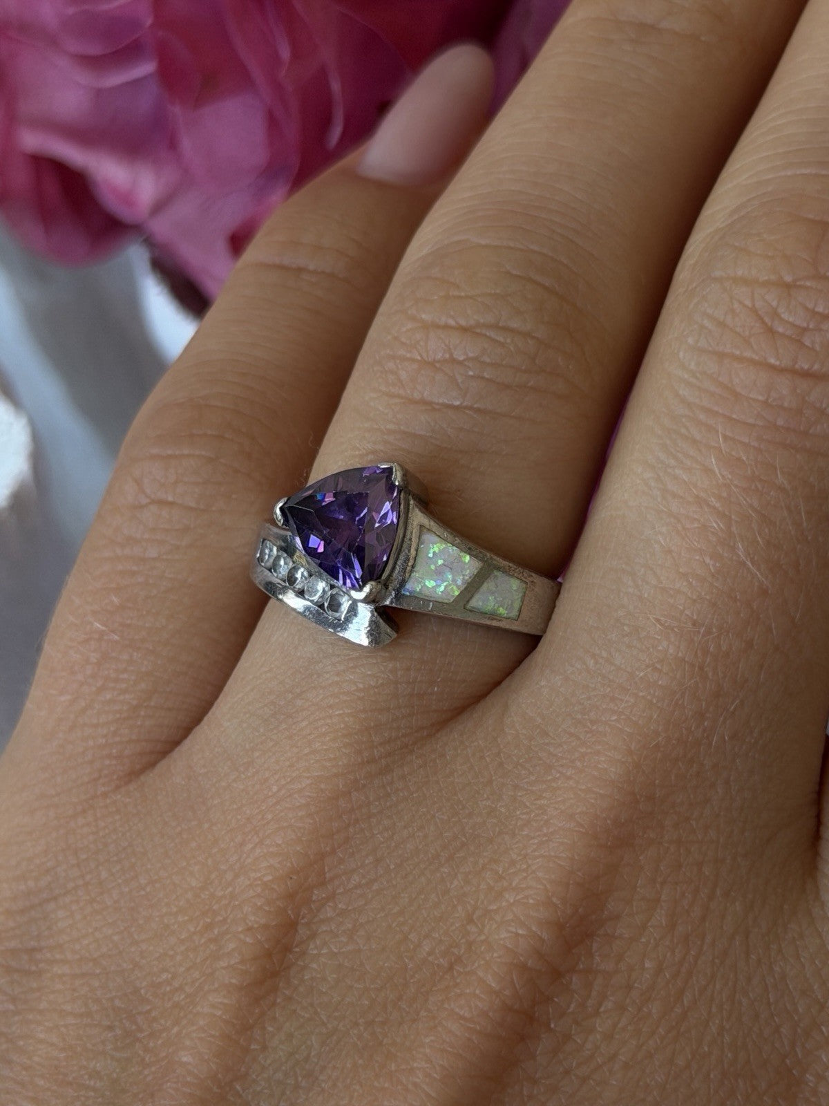 925 Sterling Silver Amethyst Opal Beryl Ring Size 7