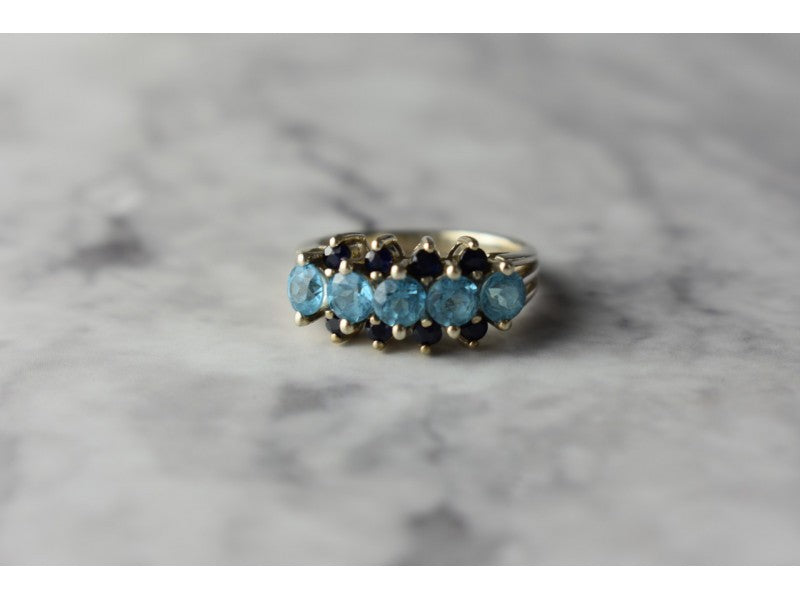 925 Sterling Silver Blue Spinel & Sapphires Ring Size 6.75