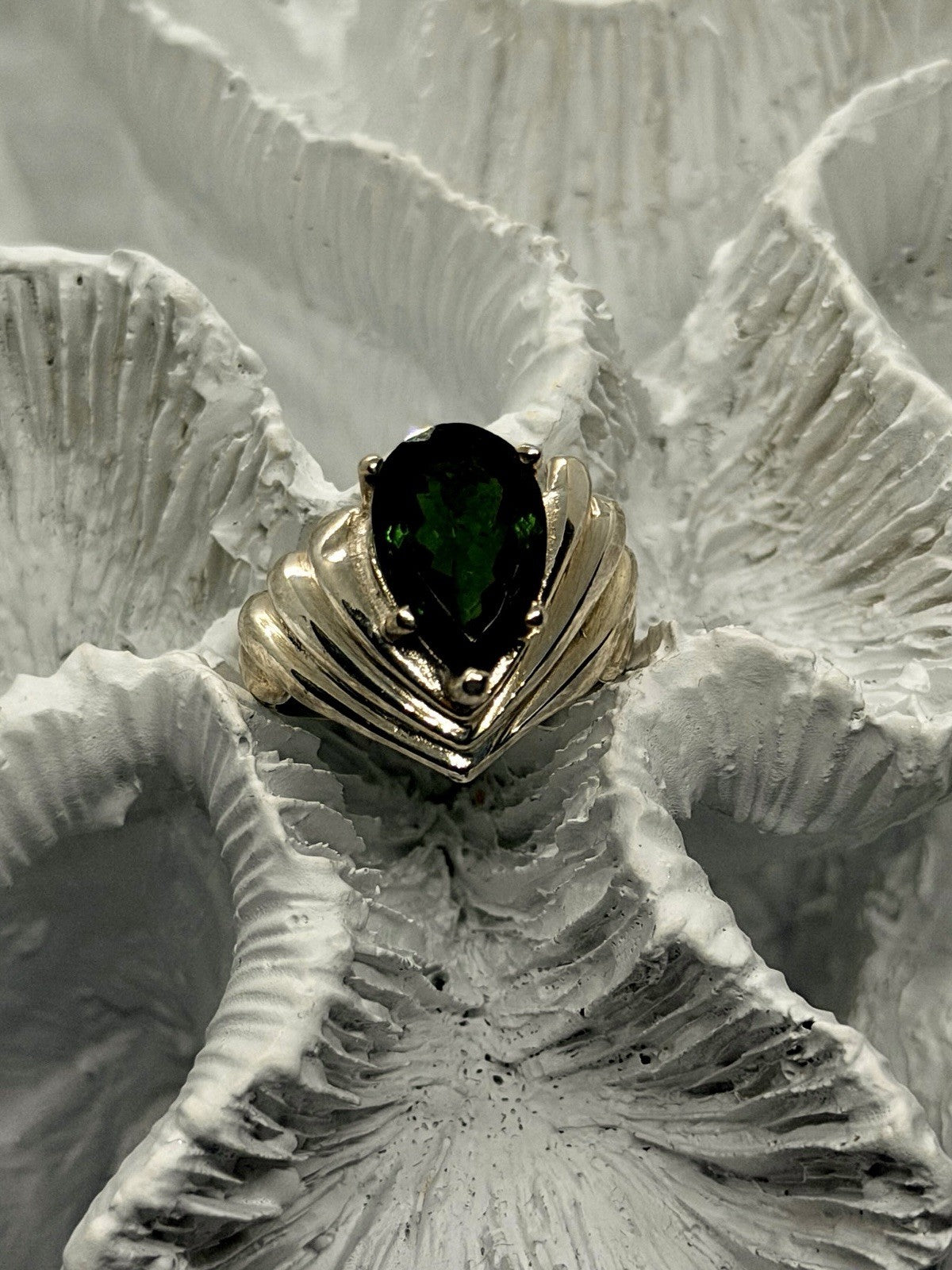 925 Sterling Silver Pear-Shaped Deep Green Tourmaline Ring Size 6