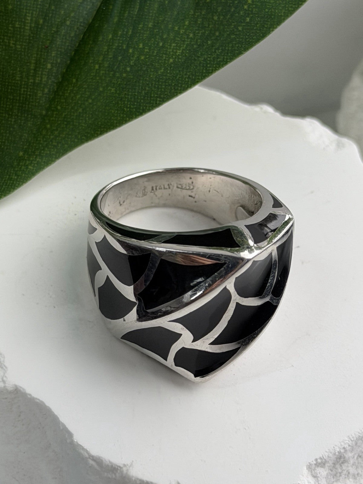 Italy Geometric Design 925 Sterling Silver Black Onyx Ring Size 10