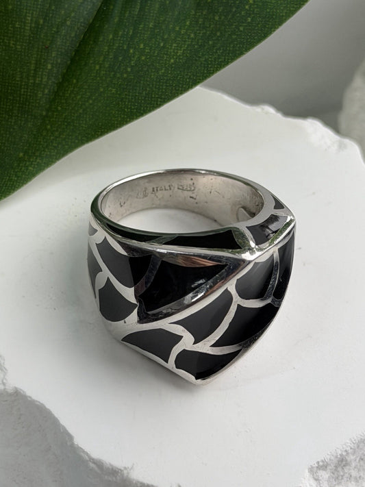 Italy Geometric Design 925 Sterling Silver Black Onyx Ring Size 10
