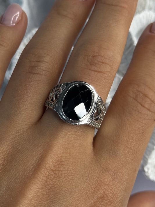 925 Sterling Silver Onyx & Beryl Ring Size 9