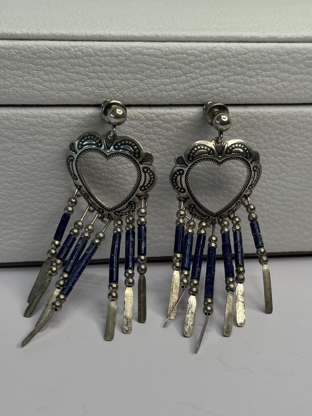 Vintage Native American 925 Sterling Silver Lapis Earrings Length 2.50 Inch