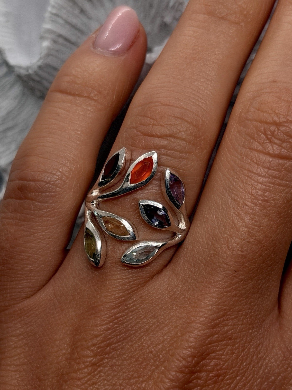 Adjustable 925 Sterling Silver Multi Color Stones Rainbow Ring