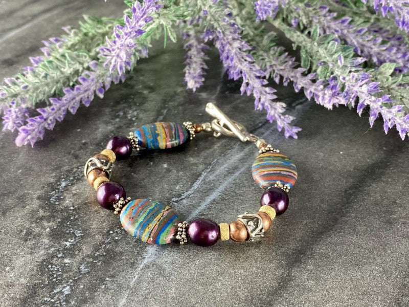 925 Sterling Silver Multicolor Jasper Bracelet Size 7.5 IN