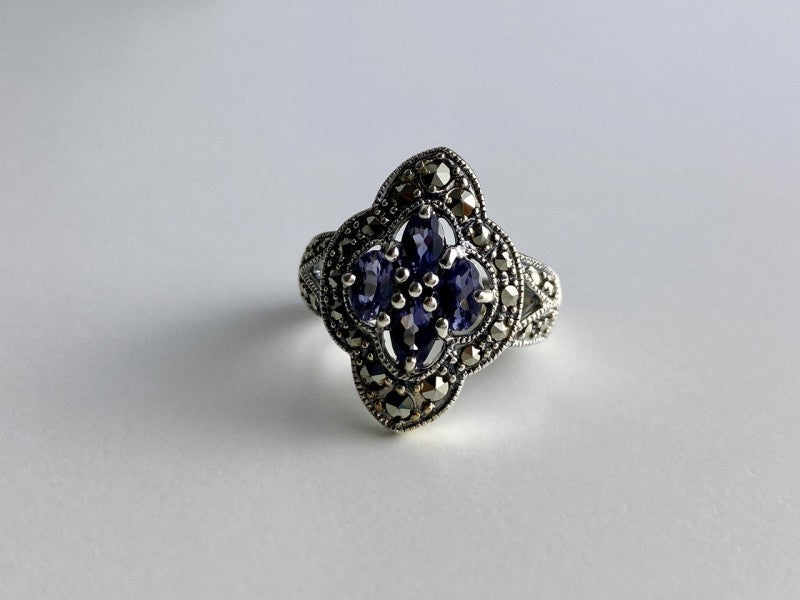 Vintage 925 Sterling Silver Amethyst & Marcasites Ring Size 5.5