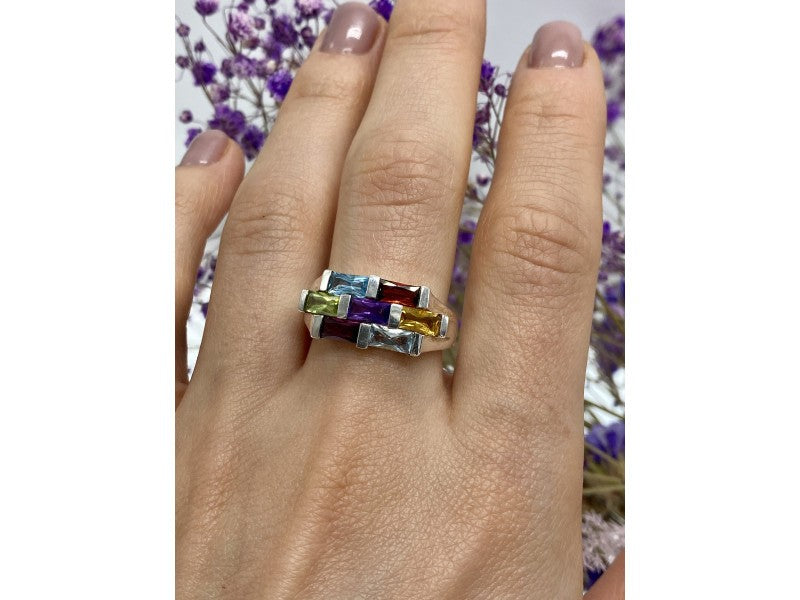 925 Sterling Silver Multi Gemstones Ring Size 11