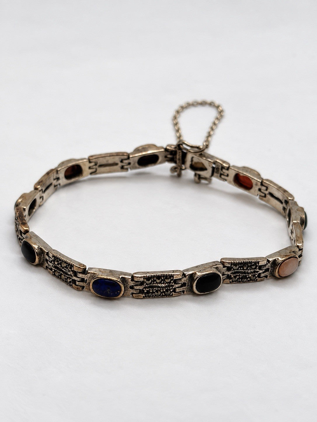 Vintage Marcasite Link Design 925 Sterling Silver MultiStone Bracelet Adjustable