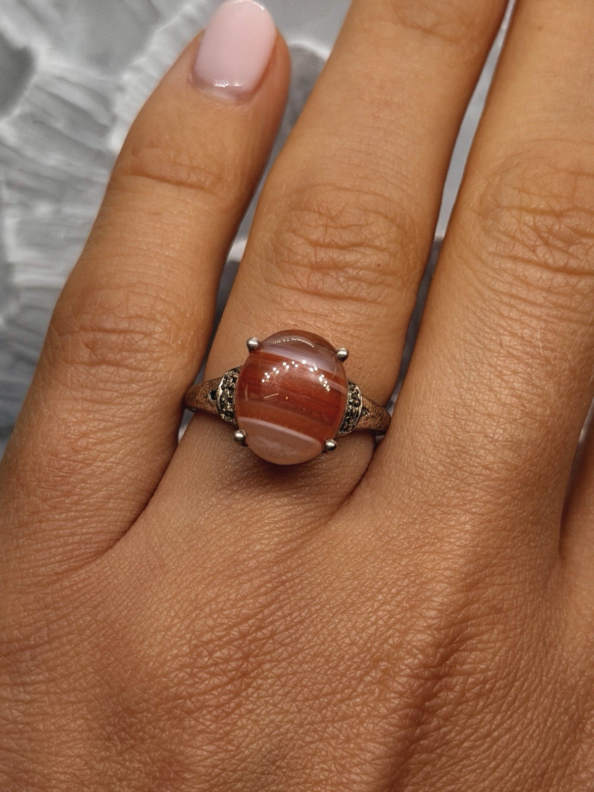925 Sterling Silver Carnelian & Marcasites Ring Size 7