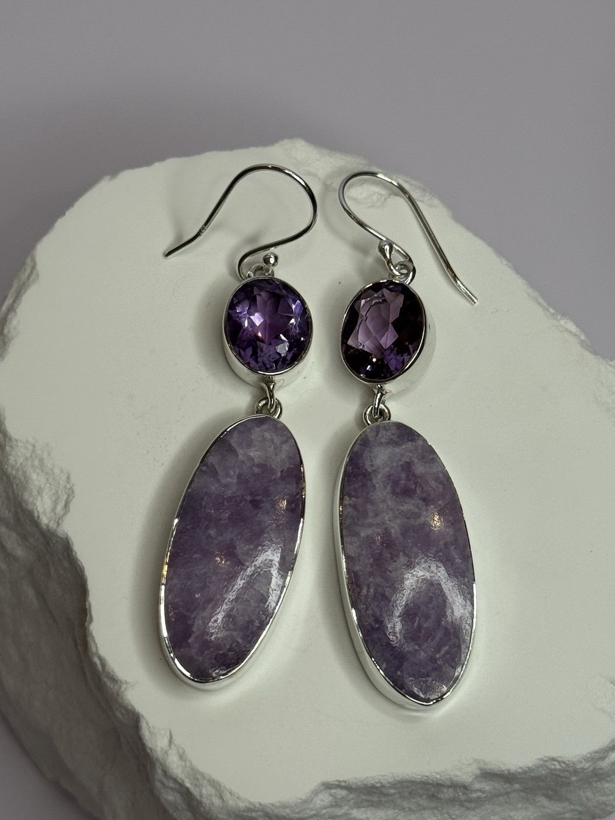 925 Sterling Silver Lepidolite & Amethyst Earrings Length 2.5 Inch