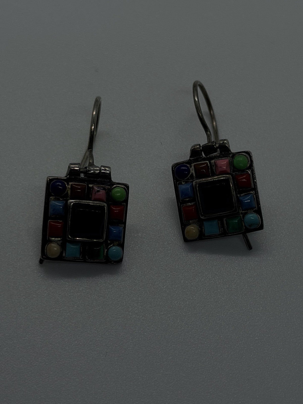 925 Sterling Silver Multi-Stone Mosaic Earrings Colorful Agate & Black Onyx